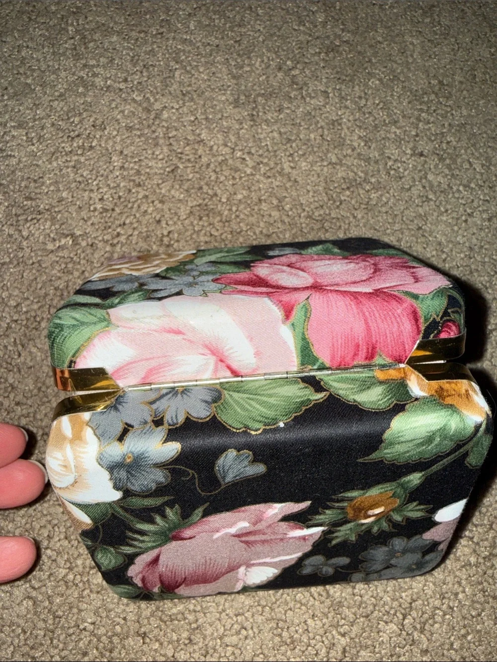 Floral Jewelry Organizer Box with Mirror - Cream Interior, Gold Trim